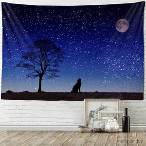 Tapestries Wolf Moon Tapestry Starry Sky Scenery Wall Hanging Thin Blanket Psychedelic Room Wall Cloth Kawaii Can Be Customized R230810