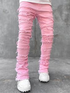 Calças jeans masculinas com remendo denim e perna reta retrô moda de rua estilo explosivo calças elásticas