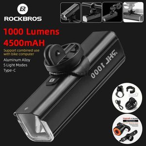 Cykelbelysningar Rockbros Bicycle Front Light 1000 Lumens 4500mAh Lamp Highlight Aluminium Type-C Bike Ficklight strålkastare MTB Road Cycling Light HKD230810