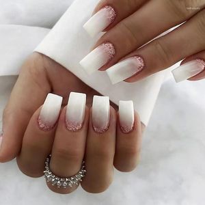 False Nails 24Pcs Mid-length Ballet White Gradient Glitter Fake Nail Tips With Glue Simple Wearable Square Press On