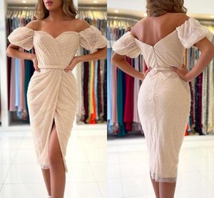 Champagne Sequined Sheath Short Mini Cocktail Dresses With Belt Elegant Off Shoulder Poet Sleeve Split Knee Length Homecoming prom Party Gowns BC9798