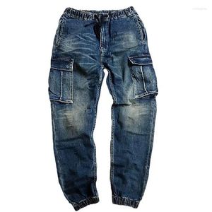 Мужские джинсы функциональные большие карманные грузовые винтажные эластичные талию укороченные джинсовые брюки для карандаш