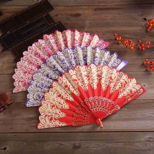 Kinesiska stilprodukter lyxiga mode fällbara fläkt blommor spetsar silk bröllop dans fest scen prestanda dekoration mode het stampning hand hållen fläkt r230810