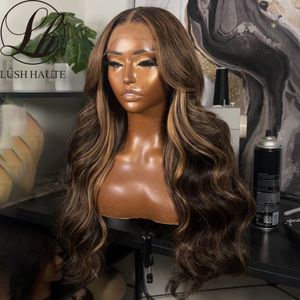 Body Wave Lace Wig Synthetic Omber Blonde Highlight Lace Wig Middle T Part Red Highlight Lace Wig Heat Resistant Fiber for Woman