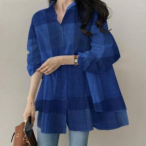 Women's Blouses Women Top Colorblock Turn-down Collar Patchwork Long Sleeve Single-breasted Cardigan Loose Casual Lady Spring Fall Shirt