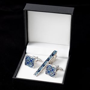 Cuff Links Men's French Shirt Cufflinks and Tie Clip Set with Box Blue Clover Pattern Enamel Link Pins Wedding Christmas Gifts 230809