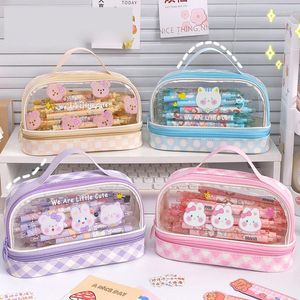 PCS/LOT KAWAII BEAR PENCIL CASE BOXポータブル透明な化粧品バッグステーショナリーポーチオフィス学用品