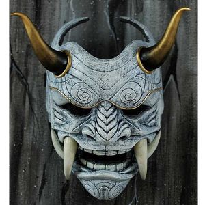 Prajna Mask Headwear Oni Samurai Cow Devil Grimace Fangs Japanese Cosplay Costume Props Halloween Horror Decor Home Decoration HKD230810