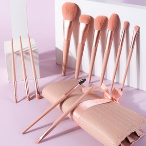 Makeupborstar rosa trähandtag 11 Set Soft Nylon Portable Practical Eyeshadow Loose Powder Repair Blush Beauty Brush Kits