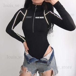 Uzun Kollu Bodysuit Kadın Kişilik Yansıtıcı Yüksek Yok Fermuar Tek Parçası Üstler Kadınların Sıkı Dip Seksi Vücut T-Shirt Y2K T230810