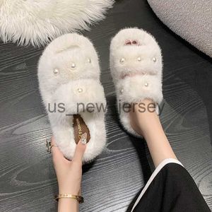 Slippers Winter New 2023 Women Thick Fur Flats Slippers Open Toe Pearl Bedroom Cotton Shoes Fashion Warm Flip Flops Casual Plush Shoes J230810