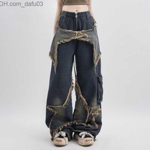 Women's Pants Capris Women's Blue Jeans Contrast Color High Waist American Street Wide Leg Pants Fashion Hip Hop Retro Straight Autumn Trousers Z230810