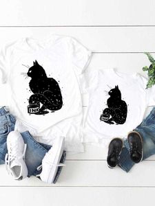 Família combinando roupas mulheres aquarela animal de estimação gato criança criança verão mãe mamãe menina menino mãe camiseta roupas roupas família combinando roupas