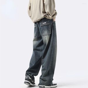 Mäns jeans 2023 Solid Color Men Vintage Washed Denim Pants Mens High Street Wide Leg Streetwear Loose Casual Byxor A28