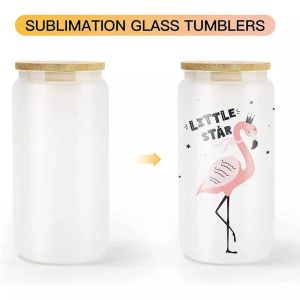 16oz Sublimation Glass Beer Mugs with Bamboo Lid Straw DIY Frosted Clear Drinking Utensil Coffee Wine Milk Beer Cola Juice Cold Drinkware Handmade Can