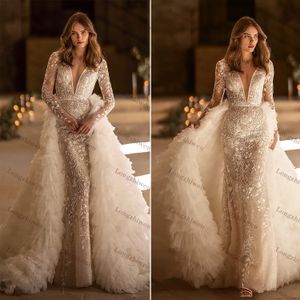 Customized Classic Mermaid Wedding Dresses New Deep V-Neck Shine Backless Bridal Gown Pleat Tulle Brush Train Vestidos De Novia D-H23270