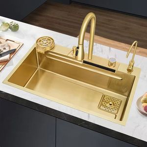 Waterfall Kitchen Sink Gold 304 Stainless Steel Nano Handmade Multifuctional Faucet Above Counter Apron Fron 3mm Thickened Sink