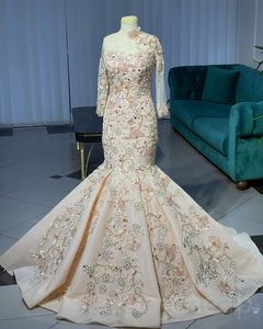2023 August Aso Ebi Champagne Mermaid Prom Dress Lace Beaded Evening Formal Party Second Reception Birthday Engagement Gowns Dresses Robe De Soiree ZJ784