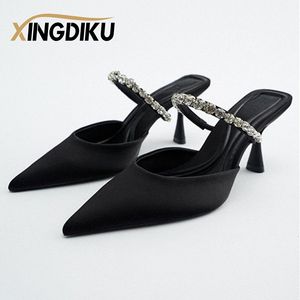 Sandaler High Heel Sandals Summer Point Toe Stiletto Black Sexy Ladies Sandals Sequins Big Size Slippers Shoe Woman 230809