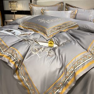 Oro argento caffè Ricamo set biancheria da letto di lusso queen king size macchia biancheria da letto biancheria da letto 4 pezzi set copripiumino in cotone seta bed207V