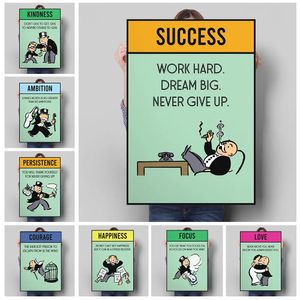 Canvas Painting Monopoly Game Success Inspirational Quotes Cartoon Comic Posters Motivational Wall Art Prints Picture Living Room Home Decor Frameless Wo6