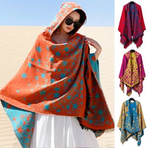 Halsdukar imitation kashmir halsdukar multifunktion wraps etnisk stickad sjal vintage geometriska tryck huva kvinnor varma tofsar mantel 230810