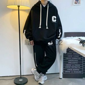 Herrspåriga Hiphop Waffle Sweatshirt Set Set Men's 2023SS Nya brevhuvtröjor och svettanter Amerikanska stiliga streetwear casual Two Piece Suits J230810