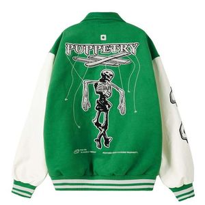 Men's Jackets Skull Embroidered PU Leather Panel Sleeves Varsity Jacket Men Women American Campus Contrasting Colors Loose Bomber Lapel Coat 230809
