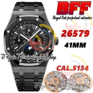 BFF bf26579 Complicated Function Cal.5134 A5134 Automatic Mens Watch 41mm Moon Phase Black Textured Dial Stick Markers PVD Steel Bracelet Super eternity Watches
