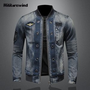 Jaquetas masculinas primavera outono jaqueta jeans moda masculina patch design vintage lavado azul traje de vôo beisebol tamanho grande AM 4XL casaco jeans 230809