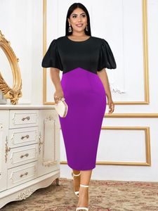 Plus Size Dresses Black Purple Patchwork For Women Elegant Short Lantern Sleeves Package Hip Mid-calf Formal Vestidos Summer