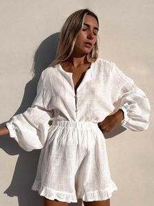 Women's Sleepwear Marthaqiqi White Cotton Pajamas Set Long Sleeve O-Neck Nightwear With Lace Shorts Women Summer 2023