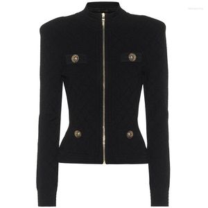 Women's Jackets 0425 S-XL High Quality 2023 Knitted Stand Collar Zipper Long Sleeve Pocket Button Black White Casual Woman Jacket Coat