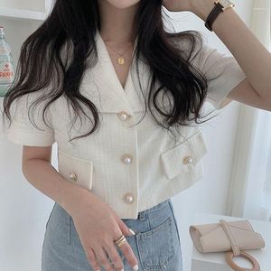 Kvinnors kostymer tunn chic blazerjacka Kvinnor Kort 2023 Summer Button Cardigan kostym Ytterkläder Ladies White Short Sleeved Vintage Office Top