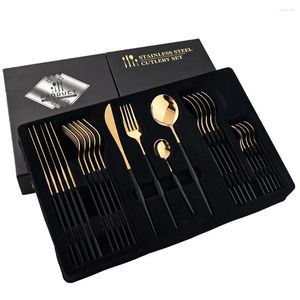 Flatware Sets 24pcs Dinnerware Set Stainless Steel Black Gold Cutlery Mirror Silverware Knife Fork Spoon Tableware Dishwasher Safe