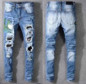 Kläder män jeans byxor män kvinnor t skjortor panther tryck armé grön förstörde smal denim rak cyklist mager jeans chg23081011-6 megogh