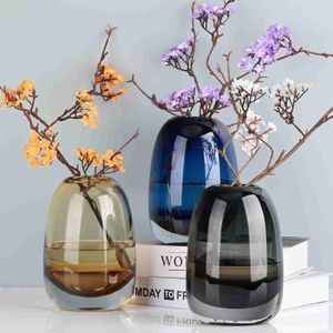 Amber Round Glass Vase Home Decor inomhus vardagsrumskontor Desktop Ornament Set Hydroponic Plant Flower Arrangement Container HKD230810
