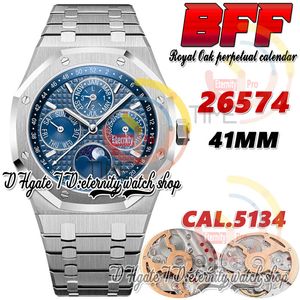 BFF BF26574 Komplicerad funktion Cal.5134 A5134 Automatisk herrklocka 41mm Moon Fase Blue Textured Dial Stick Markers Rostfritt stål Armband Eternitetsklockor