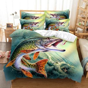 Sängkläder set Big Pike Fish Däcke Cover King Queen för barn tonåringar Vuxna Microfiber 3D Print Comporter Hunting and Fishing Set 230809