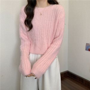 Maglioni da donna Maglione corto alla moda coreana Maglione a maniche lunghe in pelliccia rosa con scollo a O Maglioni a maglia autunno inverno Maglione a maniche lunghe Y2k Abbigliamento 230809