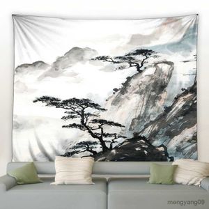 Tapestries Chinese Ink Wash Landscape Painting Tapestry Sunrise Colorful Wall Hanging Mountain Forest Home Bedroom Background Decor Cloth R230810