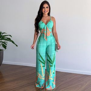 Women's Two Piece Pants Casual Two-piece Set Summer Sexy V-neck Strap Printed Short Lace Up Vest High Waist Wide Leg