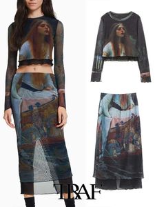 Two Piece Dress Traf Women 2st Casual Vintage Printed Silk Screen Topprinted Midi kjol Sexig toppar Set 230810