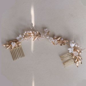 Wedding Hair Jewelry cyrkon słodkowodne perły grzebienie kawałek ślubny złoty kolor liści akcesoria korona 230809