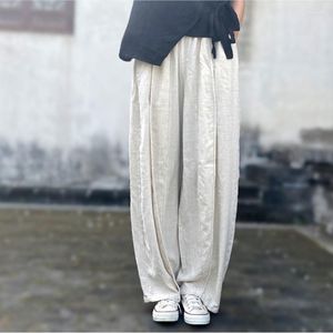 Calça Feminina Johnature 2023 Primavera e Verão Moda Feminina Vintage Linho Distress Cor Sólida Emenda Solta Casual