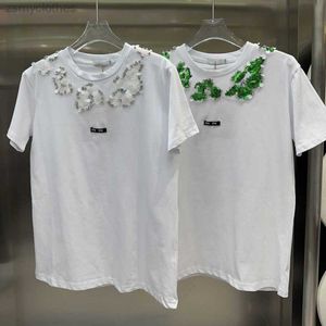 Miu Cotton T 셔츠 여성 수제 구슬 셔츠 패션 디자이너 T 셔츠 여름 3D 자수 짧은 슬리브 Tshirts 라운드 넥 티 풀오버