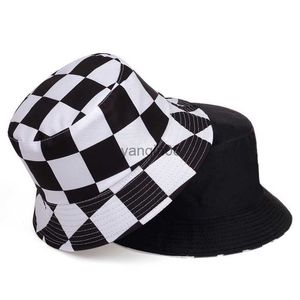 Wide Brim Hats Bucket Hats Fashion summer bucket hat Plaid Black White Panama Bucket Hats Foldable Cotton Woman Mens Fishing Hats Hip Hop Bob Unisex Caps HKD230810