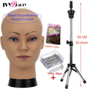Wig Stand Silver Tripod Wig Stand With Mannequin Head For Wigs Making Styling Adjustable Tripod Stand With Bald Head For Salon Hairdresser 230809