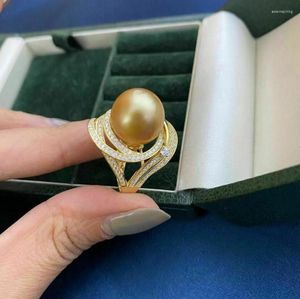 Cluster Rings Super Large 11-12mm Round Natural South China Sea Gold Pearl Ring 925S-