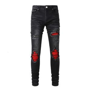 Mens Jeans Arrival Aged Black Streetwear Desgastado Skinny Stretch Destroyed Holes Red Bandana Ribs Patches Rasgado 230809